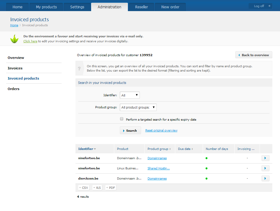 table of all invoiced products