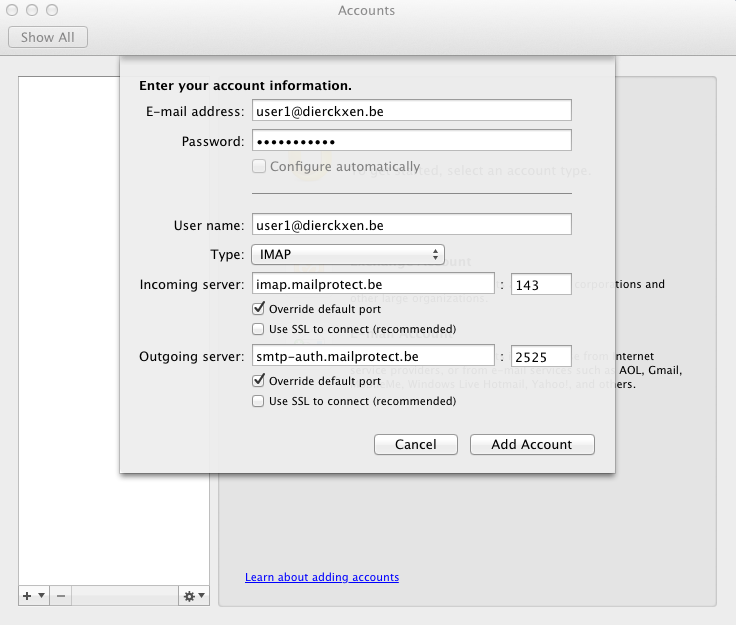 Choose IMAP or POP in the drop-down menu and enter the missing information