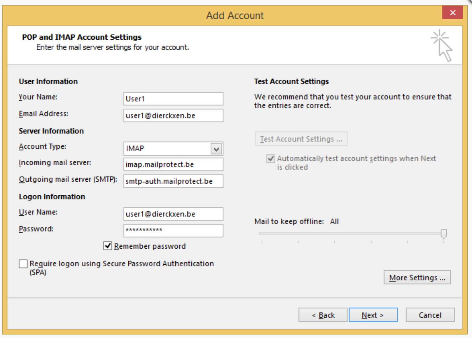 Choose IMAP or POP3 in the drop-down menu and enter the missing information