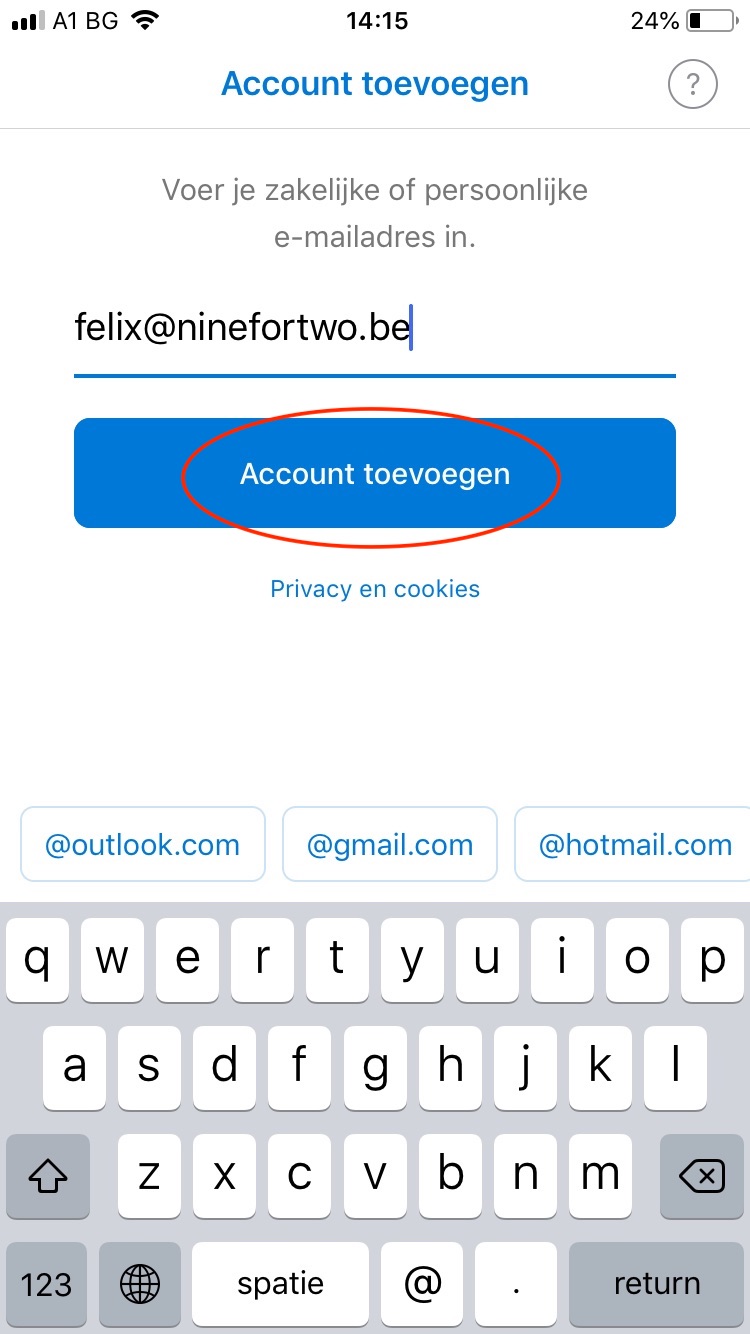 Vul uw Exchange e-mailadres in en tik op 'Account toevoegen'