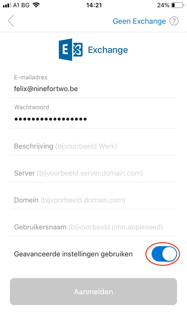Vul uw wachtwoord in en tik op 'Geavanceerde Instellingen gebruiken'
