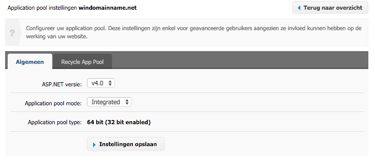 App pool instellingen