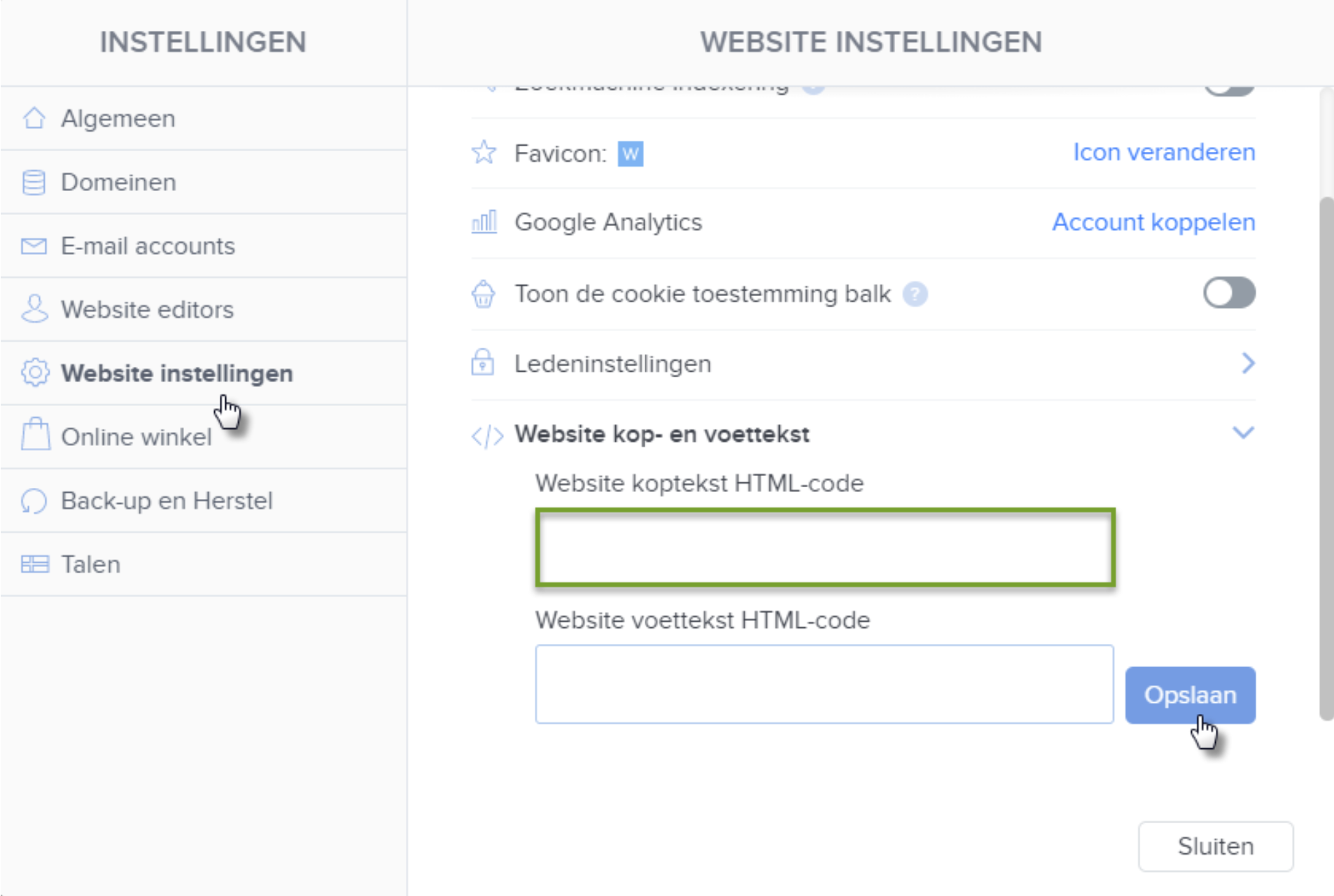 website instellingen koptekst voettekst