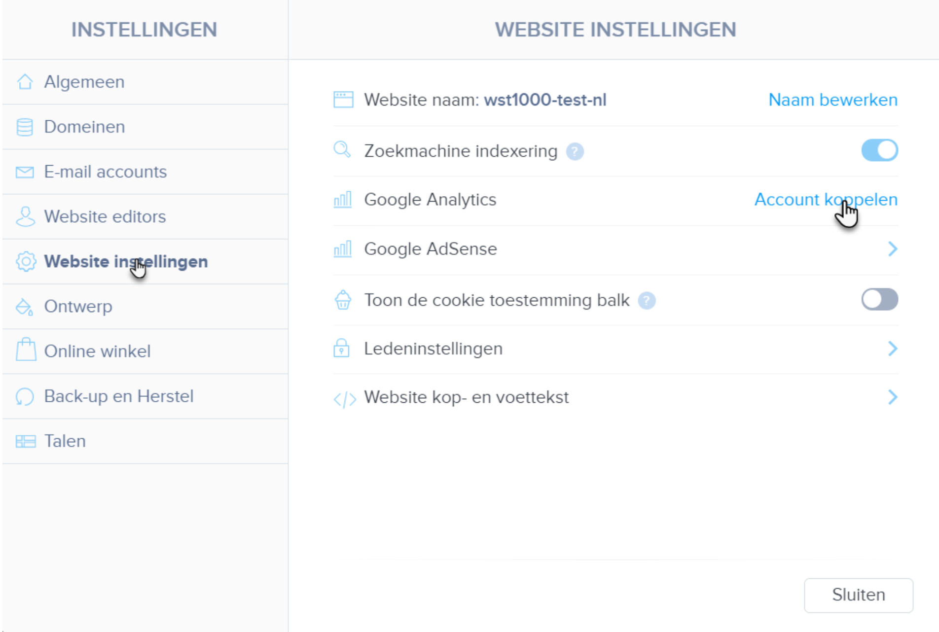 account koppelen sitebuilder