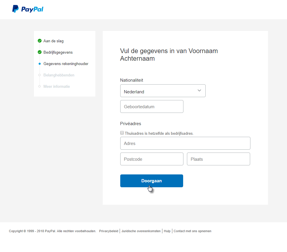 Paypal gegevens rekeninghouder