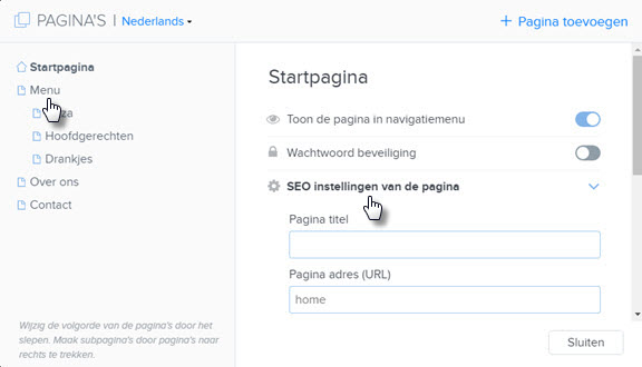 SEO instellingen sitebuilder pagina