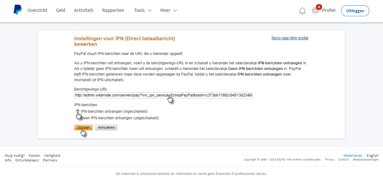 paypal opslaan 