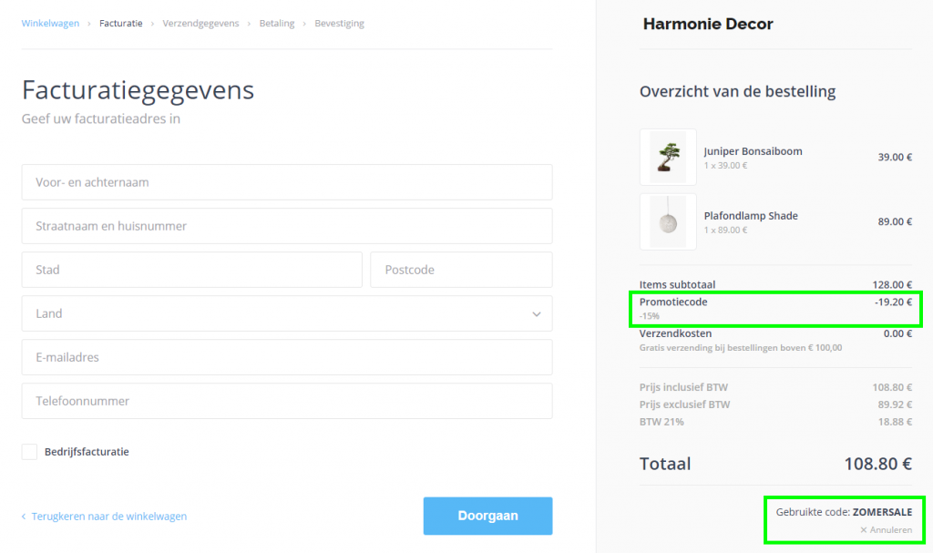 Promocode goed ingevuld