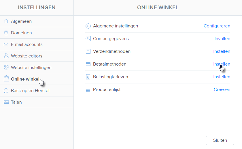 online winkel instellen menu